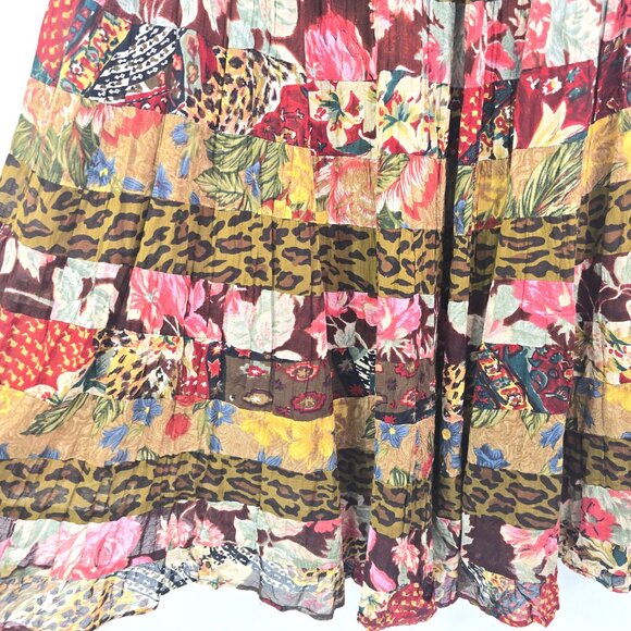 Vintage 80s 90s Brown Animal Floral Patchwork Boho Gypsy Maxi Broom Skirt - Picture 6 of 9